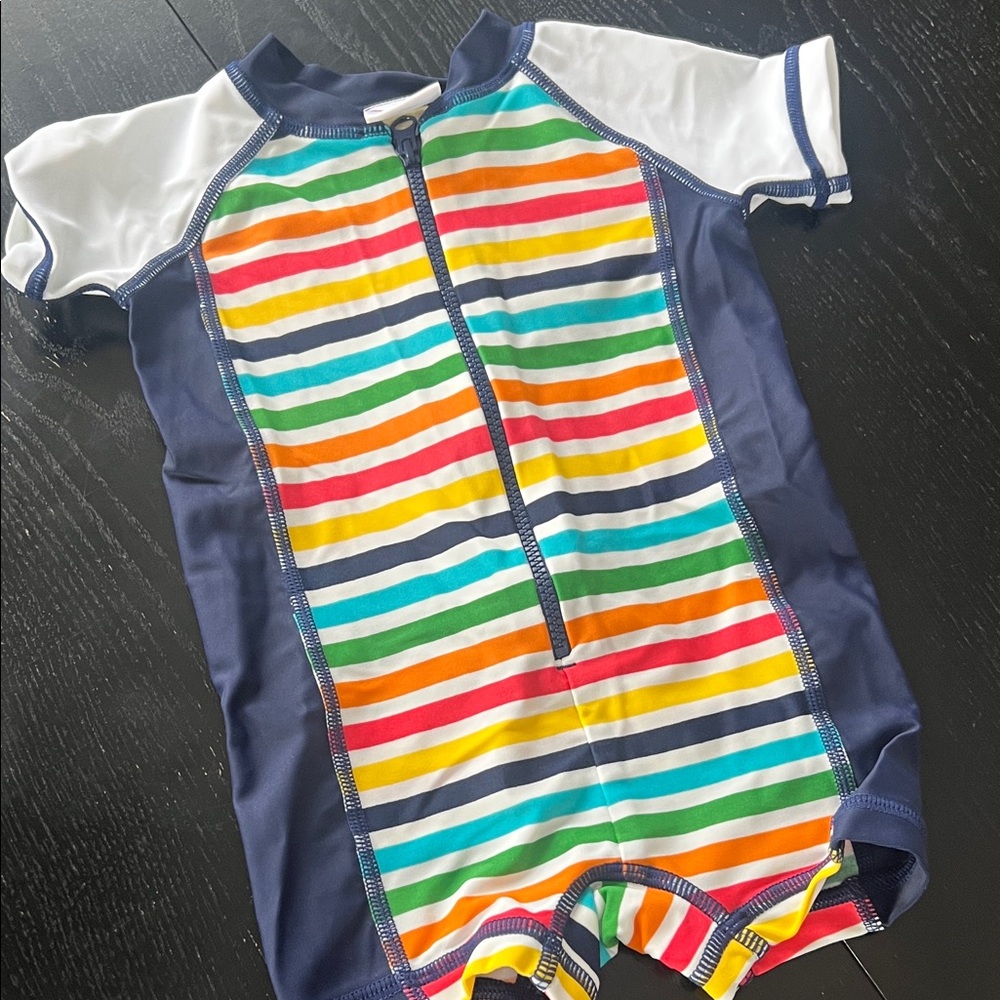 Hanna Andersson Rainbow Stripe Short-Sleeve One-Piece Swimsuit - Navy & White